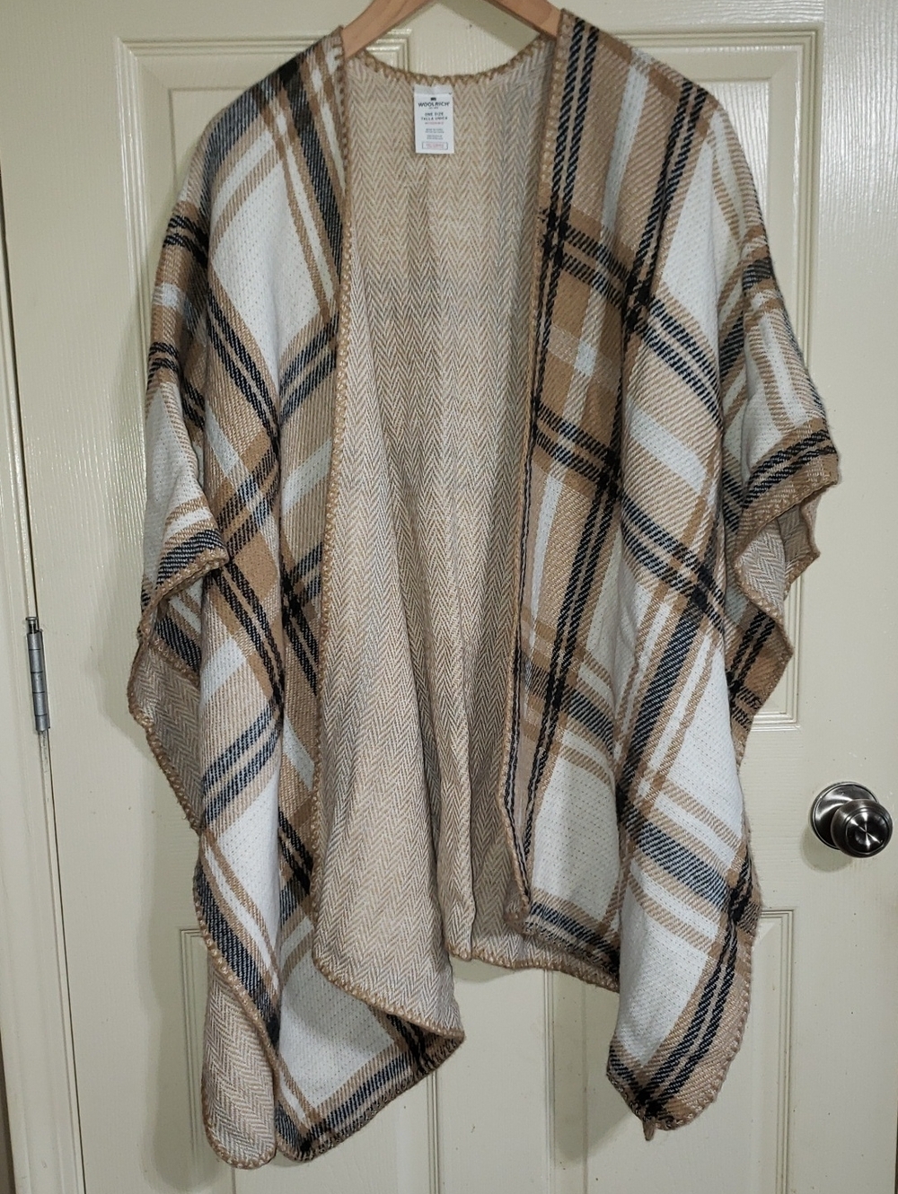 Woolrich Plaid Open-Front Cape Poncho Wrap in Beige, White and Black